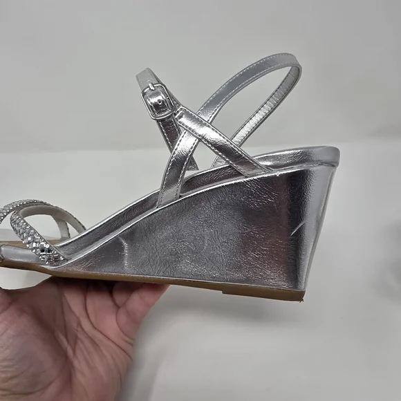 Womens Size 8.5 Silver Rhinestone Square Open Toe Strappy Wedge Sandals Elegant - Picture 6 of 10